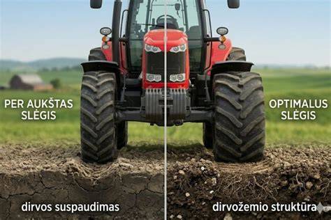 Schema, iliustruojanti skirtingų padangų dydžių įtaką traktoriaus plotui ir dirvos spaudimui.
