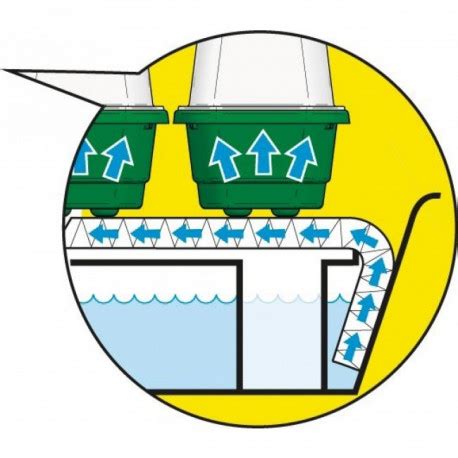 Schema, vaizduojanti daigyklos su durpinių tablečių įrengimą, apimanti indą su skylutėmis ir apatinę lėkštelę vandens surinkimui.