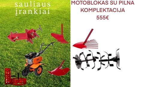 Nuotrauka su skirtingų gamintojų motoblokų priedais