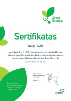 Informatyvinė grafika, iliustruojanti UAB Daigai tvarumo iniciatyvas ir sertifikatus.