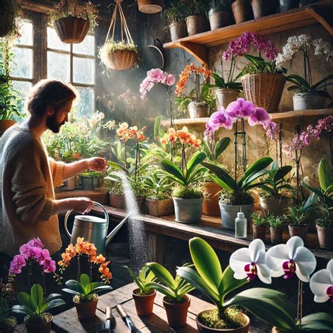 scheminė iliustracija, rodanti skirtingus orchidėjų laistymo metodus: panardinimas, laistymas iš viršaus, laistymas į didesnį vazoną