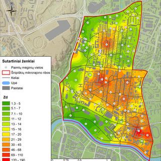 žemėlapis su sunkiųjų metalų koncentracijų pasiskirstymu Šnipiškių mikrorajone