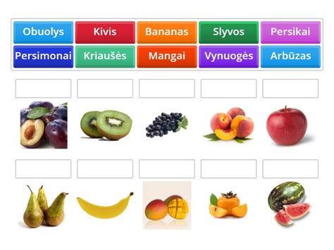 nuotraukos su įvairių vaisių pavyzdžiais