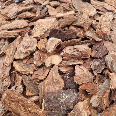 detalus pušies žievės mulčio tekstūros vaizdas, parodantis skirtingas frakcijas