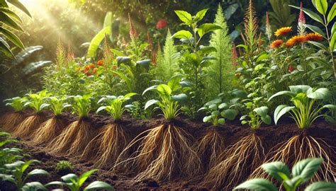 Schema, iliustruojanti alelopatijos mechanizmą: augalo šaknys išskiria chemines medžiagas (alelochemiaklus), kurios veikia greta augančius augalus.