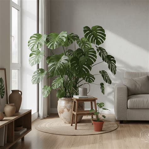 monstera su oro šaknimis, įsipynusiomis į samanų stulpą