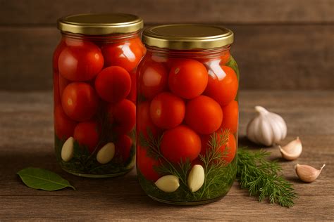 įvairiaspalviai marinuoti pomidorai stiklainiuose su prieskoniais
