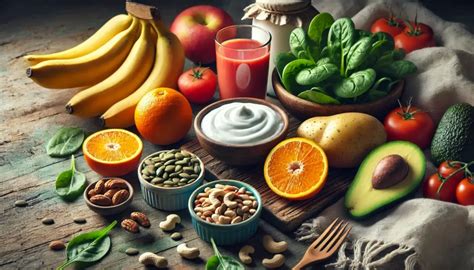 nuotrauka su įvairiais kalio turtingais maisto produktais: bananai, špinatai, bulvės, avokadai, pupelės