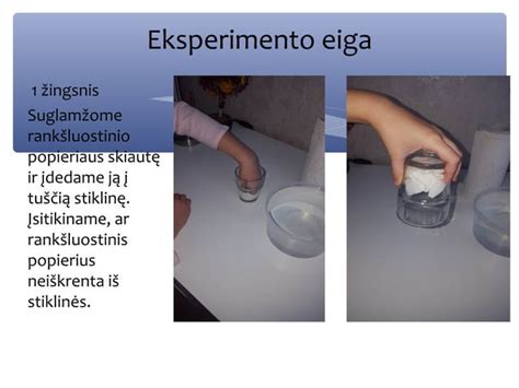 Stiklinė apversta su popieriaus lapu, demonstruojanti oro slėgio eksperimentą.