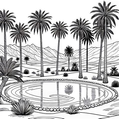 Oazė dykumoje su palmėmis ir vandens telkiniu.